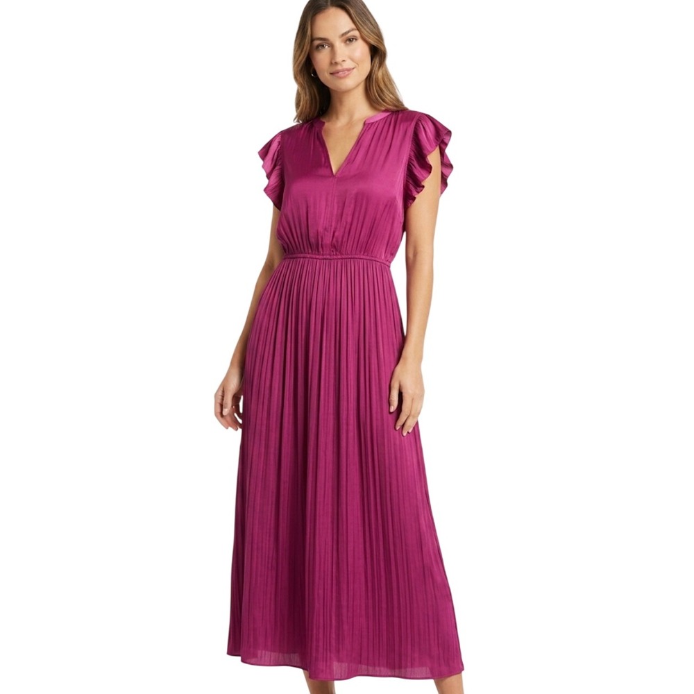 Steve Madden Midi Dress Women L Magenta Purple Flutter Sleeve Pleated Romantic